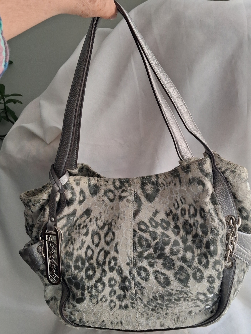 B. Makowsky Gray Animal Print Metallic Shoulder Bag with Leather Straps